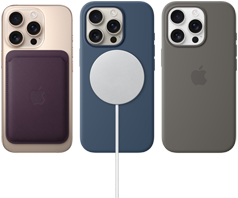 Drei iPhone 16 Pro Geräte, Rückseite, mit verbundenem MagSafe Zubehör: iPhone Feingewebe MagSafe Wallet, MagSafe Ladegerät und iPhone Silikon Case mit MagSafe