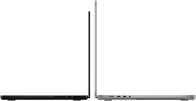 14" und 16" MacBook Pro Geräte stehen mit den Rückseiten zueinander, um den Größenunterschied und das schmale Profil zu verdeutlichen